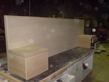 CUSTOM BUILT BED HEAD WITH SIDE TABLES BEFORE POLISHING